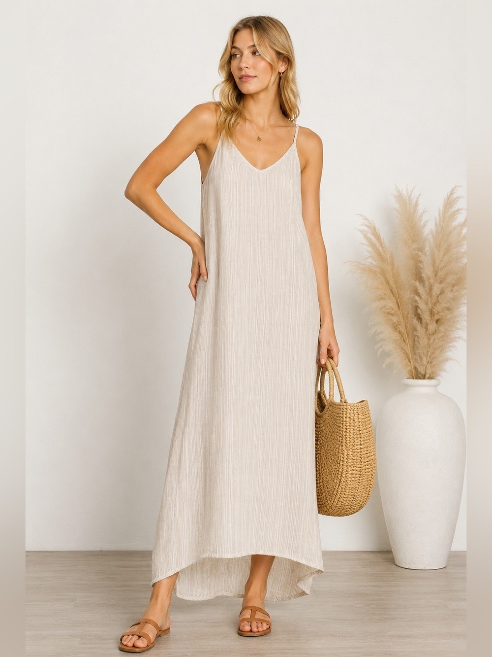 White Linen Maxi Slip Dress Gold Thread Antibes Blanc Small Resort